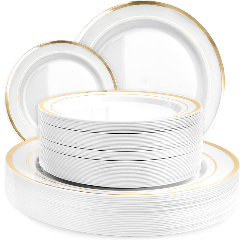 100 White Plastic Plates Disposable With Gold Trim, 50 Plastic