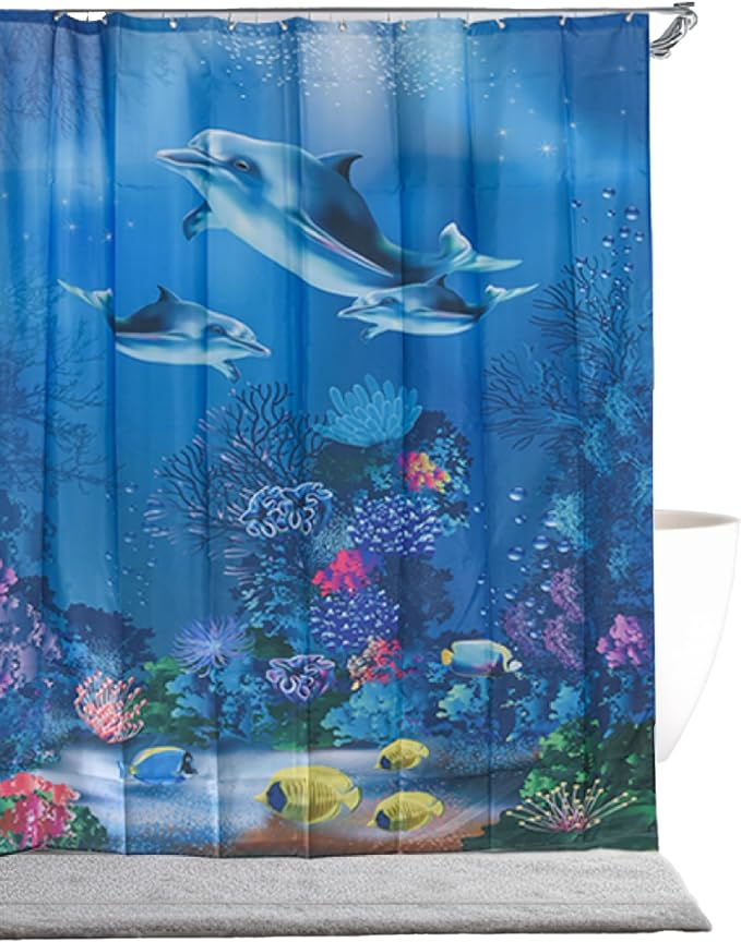 2LB Depot Shower Curtain - Designer Shower Curtains - Sea with Dolphins and Fish Coastal Shower Curtain - Luxury Bathroom Decor Waterproof - Shower Curtains Bathroom Setsmothers Day Gifts