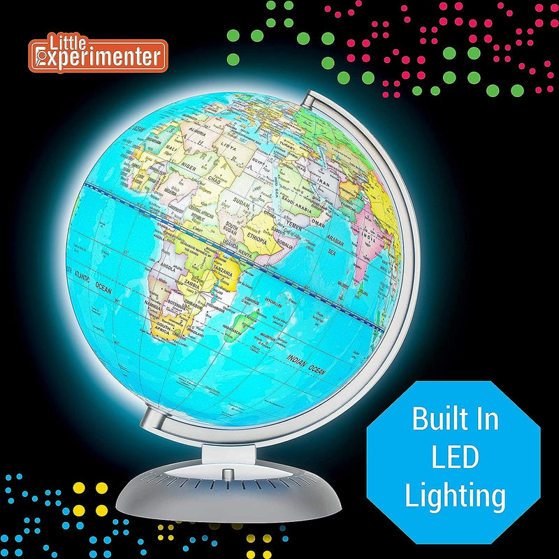 Illuminated Globe of the World with Stand | World Globe for Kids Learning with Build in LED Night Light | Light Up Earth Globe for Children | 8” Globe for Home, Desk, Classroom