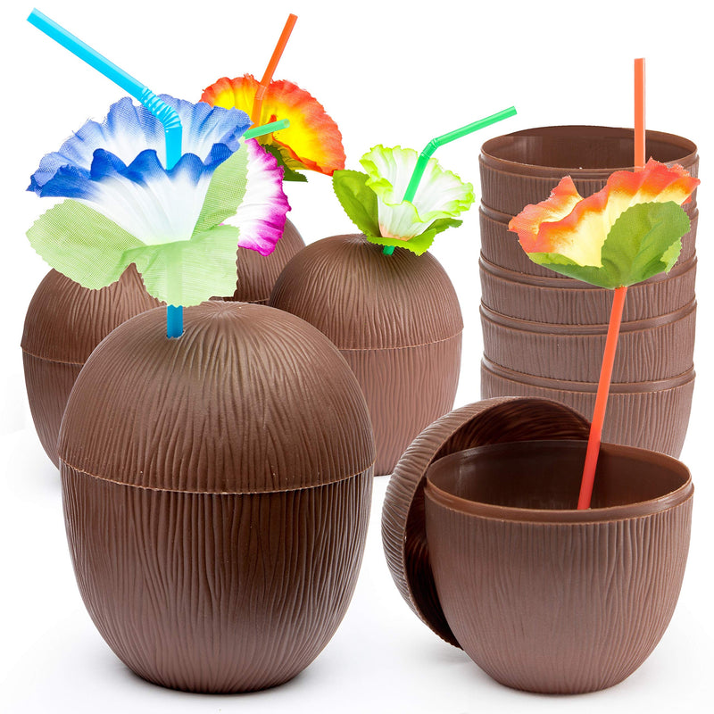 Coconut Cups With Flower Straws & Twist Close Lids (18 Pack) For Luau Party