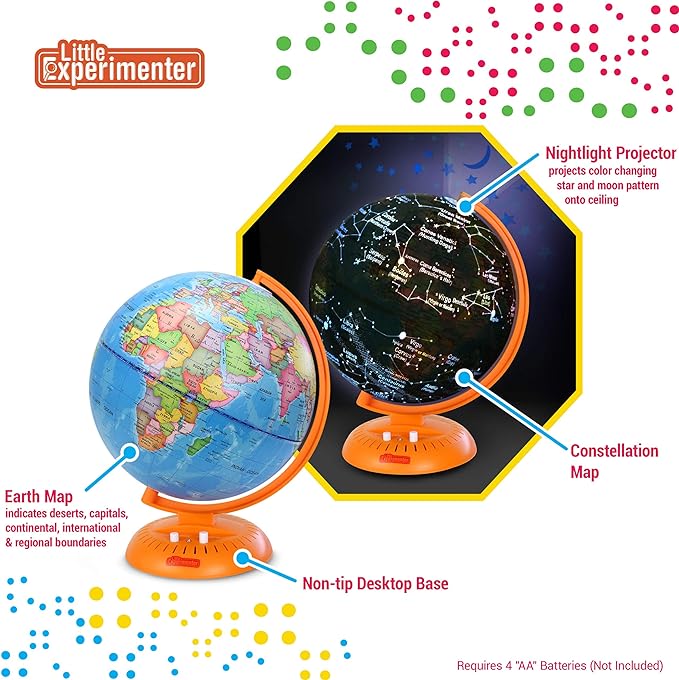 Globes For Kids 3-in-1 Light Up World Globe With Stand - Illuminated Star Map And Built-in Night Lamp Projector, 8” - Learning & Educational STEM Toys, Gifts For Kids Ages 8 9 10 11 12 13+ Years Old