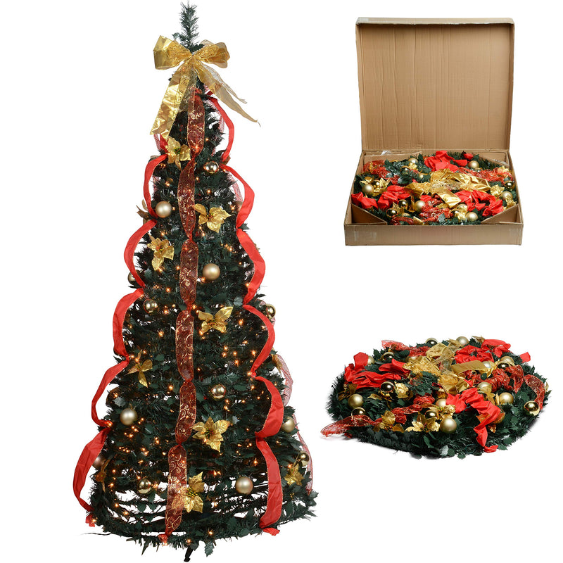 6 Ft Pre-Decorated Christmas Tree With 350 Warm Lights, Gold And Red