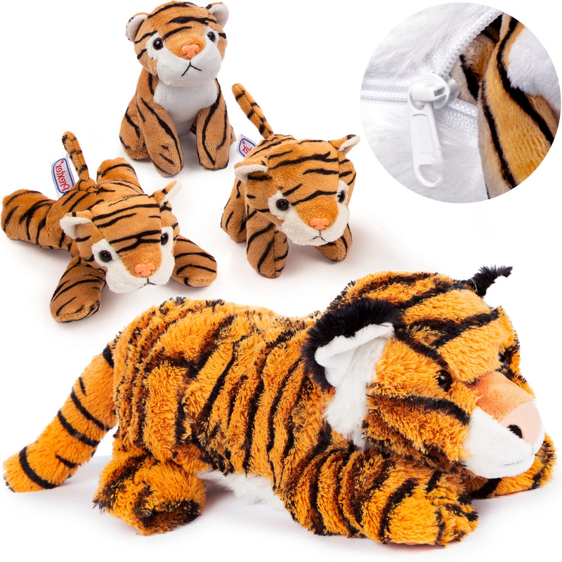 Plush Tiger With Zippered Pouch For Its 3 Little Plush Baby Tigers - Plushlings