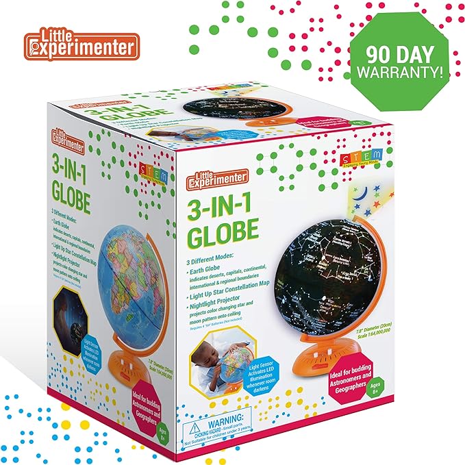 Globes For Kids 3-in-1 Light Up World Globe With Stand - Illuminated Star Map And Built-in Night Lamp Projector, 8” - Learning & Educational STEM Toys, Gifts For Kids Ages 8 9 10 11 12 13+ Years Old