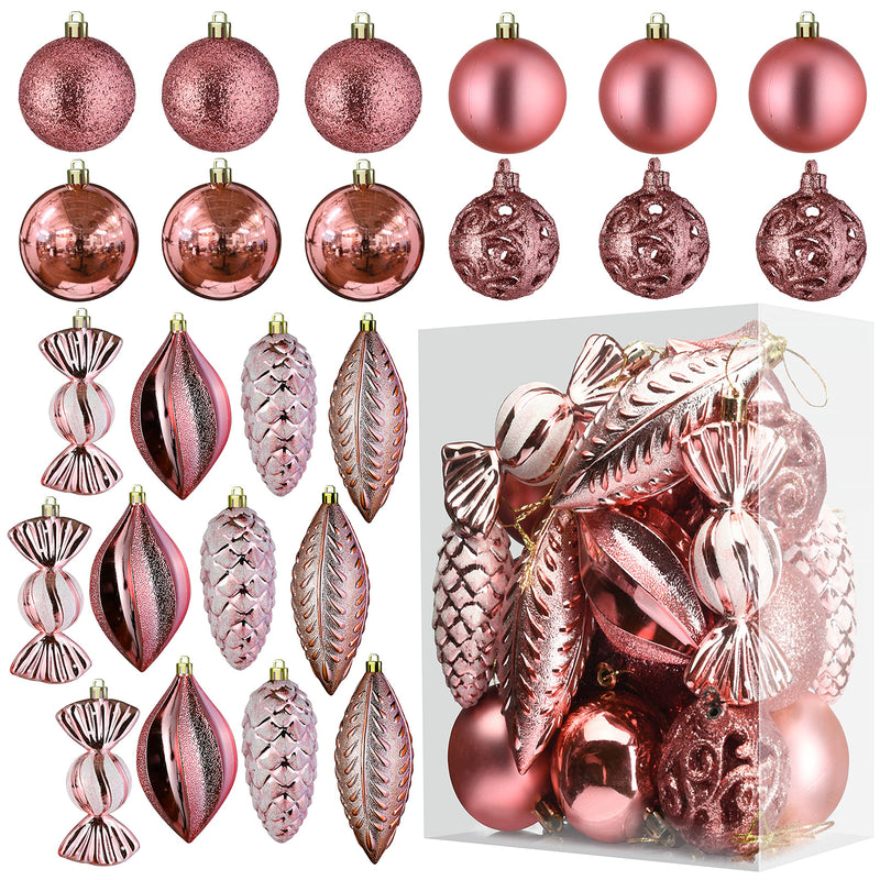 Rose Gold Christmas Ornaments Set (24pcs) - Shatterproof Balls For Tree, Wreath