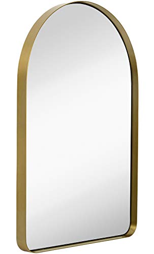 Contemporary Brushed Gold Metal Wall Mirror | Glass Panel Gold Framed Top Rounded Corner