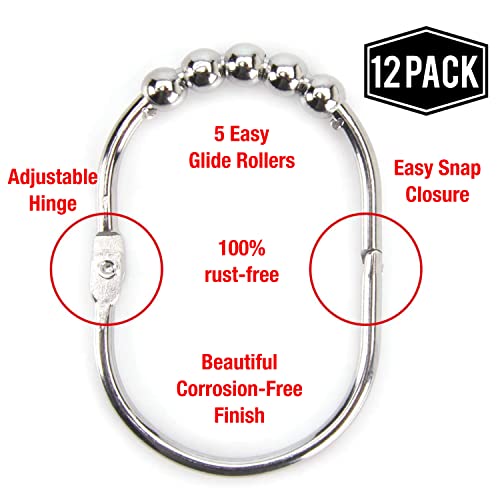 Wide Shower Curtain Rings / Hooks Set, DecorativePolished Chrome Finish, Easy Glide