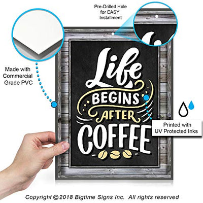 Coffee Signs Kitchen Decor - Life Begins After Coffee Wall Decor Sign - 11.75 inch x 9