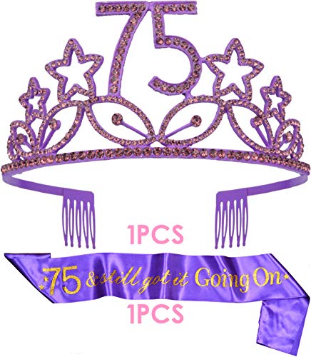 75th Birthday Gifts for Woman, 75th Birthday Tiara and Sash Purple, HAPPY 75th Birthday