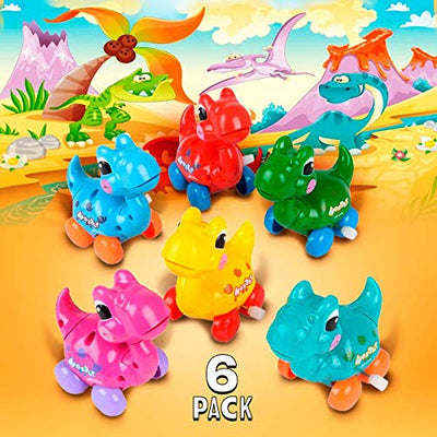 Kicko Wind-Up Dinosaur - Pack of 6, 3.25 Inch Multi-Colored Little Dinos with Wheels