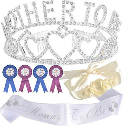 DORADREAMDEKO Mother to Be Tiara Crown and Sash, Baby Shower Decoration Maternity Flower