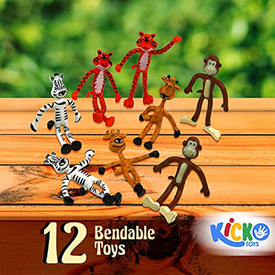 Kicko Bendable Toys - 12 Pack - 4 Inch Assorted Zoo Animals - for Stress Relief, Themed