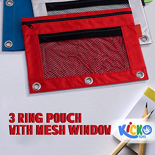 Kicko Pencil Case  3 Ring Pouch with Mesh Window- Assorted Basic Colors Binder Pouch