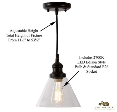 Clear Angled Glass Black Pendant Hanging Light Fixture Black Finish with LED Edison Bulb