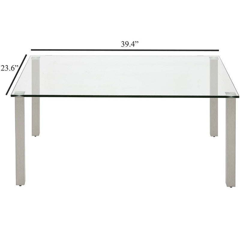 Modern Glass Coffee Table | Stainless Brushed Metal Leg Clear Glass Top Designer Tables Squared Legs