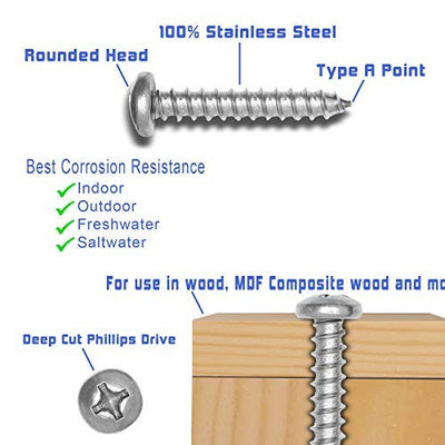 14 X 1" Stainless Pan Head Phillips Wood Screw, (25pc), 18-8 (304) Stainless Steel Screws