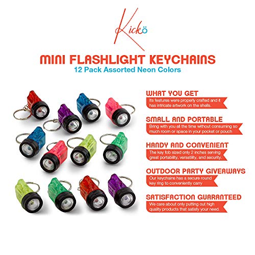 Kicko Mini Flashlight Keychains 1.5 Inch - 12 Pack Assorted Neon Colors  Small Key Ring