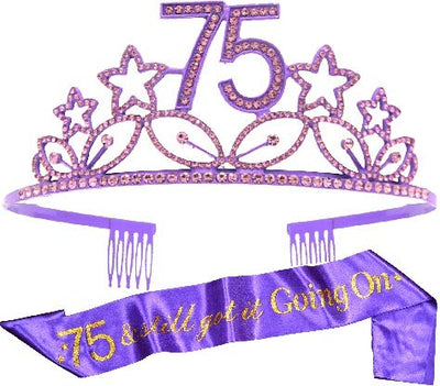 75th Birthday Gifts for Woman, 75th Birthday Tiara and Sash Purple, HAPPY 75th Birthday