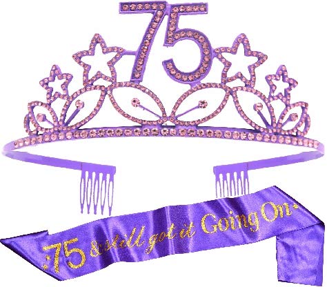 75th Birthday Gifts for Woman, 75th Birthday Tiara and Sash Purple, HAPPY 75th Birthday