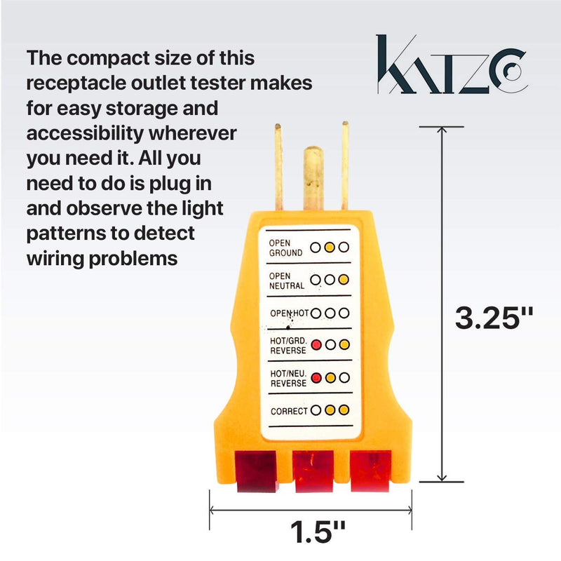 Katzco Receptacle Tester - Ideal for 110-125 Vac 3 Wire Receptacles. Tester Indicates Open