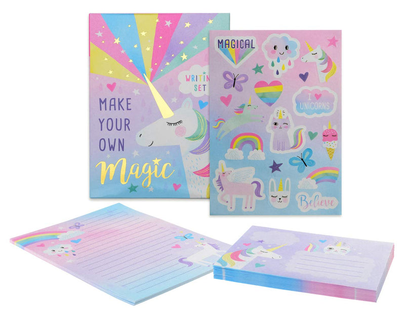 Jewelkeeper Rainbow Unicorn Design Writing Kit with Gold Foil, Girls Stationery Paper