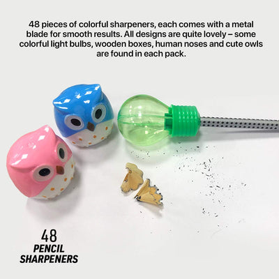 Kicko Assorted Pencil Sharpeners - 48 Pack, 1 to 2.5 Inch - Various Designs - Owl, Nose