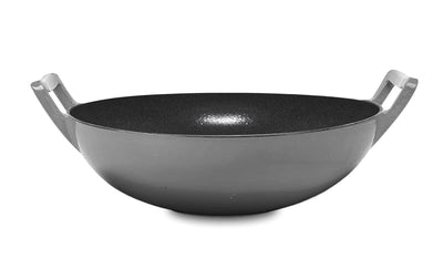 Pre-Seasoned Cast Iron Wok, Black, 14-Inch W/ Large Loop Handles & Flat Base