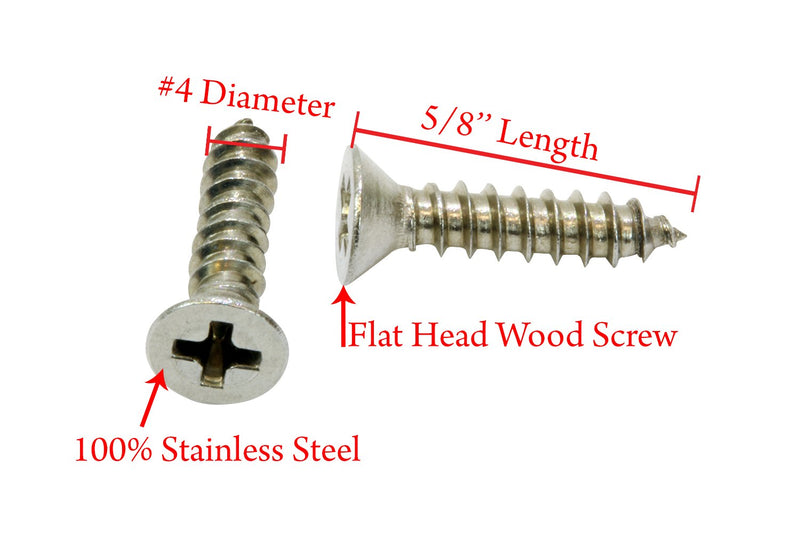 4 x 5/8" Stainless Flat Head Phillips Wood Screw, (100 pc), 18-8 (304) Stainless Steel