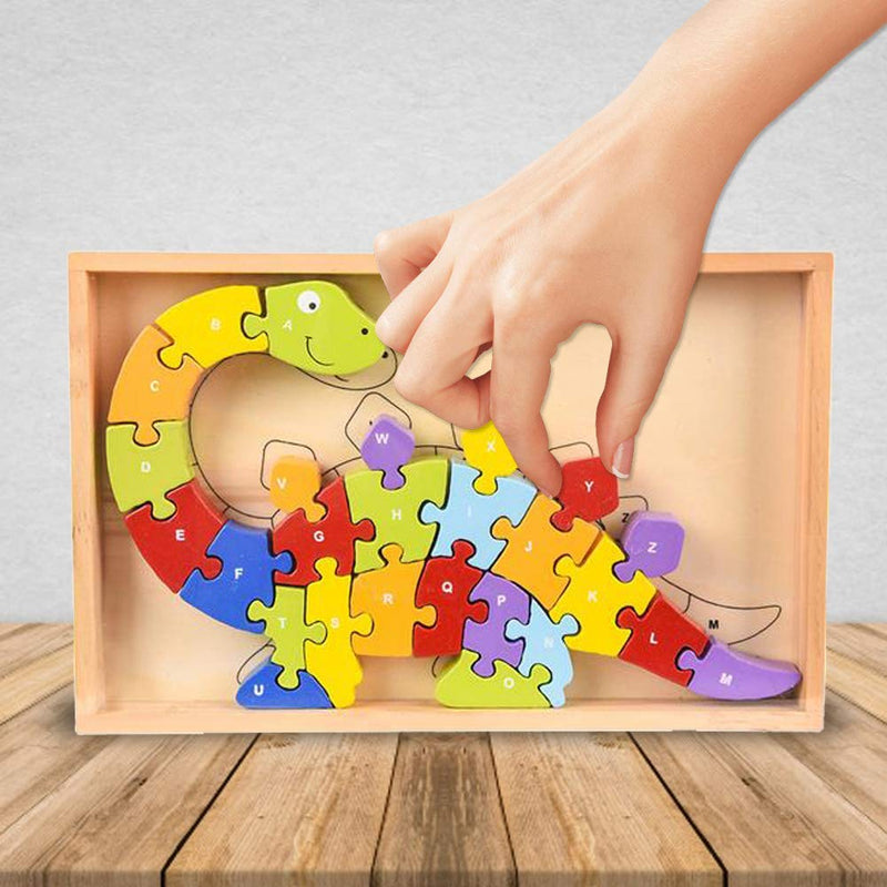 Kicko Wooden Dinosaur Letter Puzzle - Multi-Color, Educational 26 Puzzle Piece in Wooden