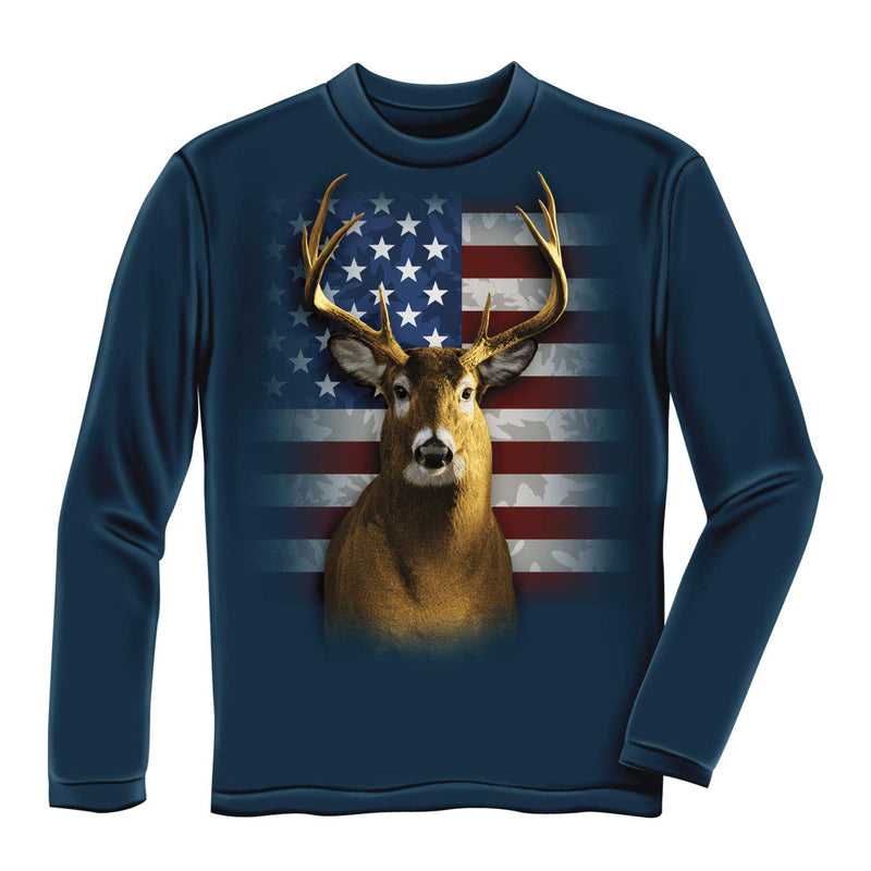 Dawhud Direct American Flag Patriotic Deer Youth Longsleeve Navy Blue Tee Shirt (Large 12