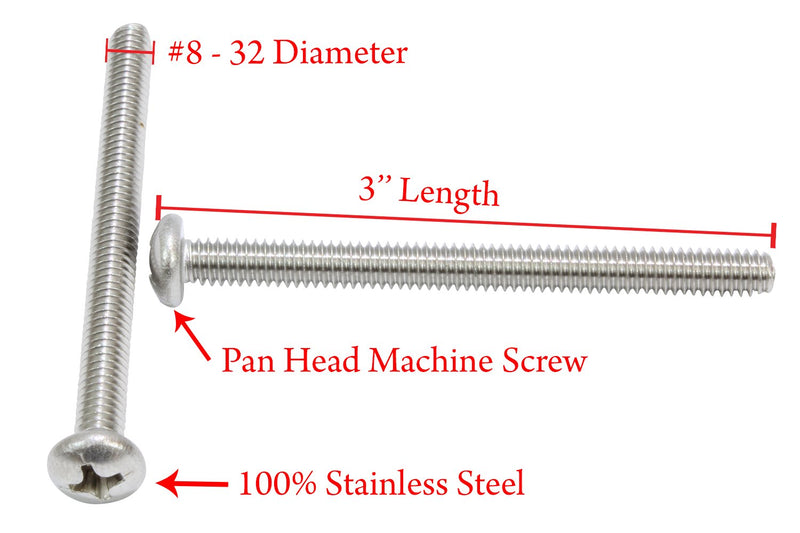 8-32 X 3" Stainless Pan Head Phillips Machine Screw (25 pc) 18-8 (304) Stainless Steel