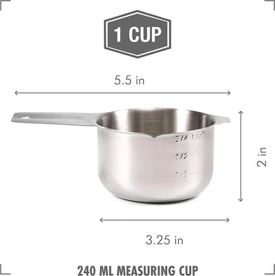 1 Cup Measuring Cup Stainless Steel Metal, Accurate, Engraved Markings Us