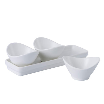 Bruntmor 4 Piece Tray Set with Three Compartment Serving Curvy Bowls, Porcelain Serving