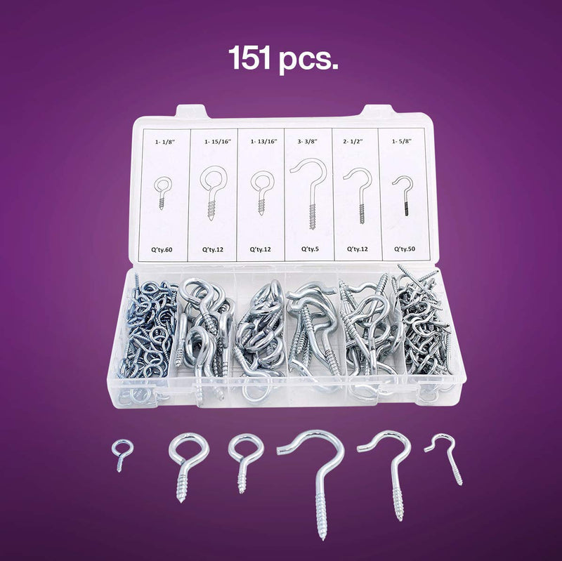 Katzco 151 Pieces Eye Bolt and Eye Hook Assortment  Durable Steel Construction