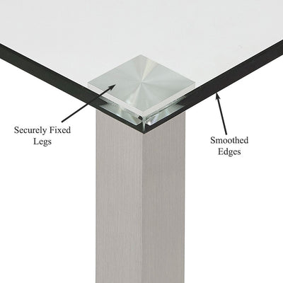 Modern Glass Coffee Table | Stainless Brushed Metal Leg Clear Glass Top Designer Tables Squared Legs