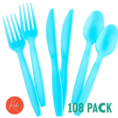 Kicko Pastel Blue Premium Cutlery - 108 Pieces - Plasticware for Birthday Parties