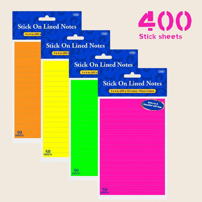 Stick On Lined Notes - 8 Packs Sticky Notepads, 400 Sheets - 4 X 6 Inch