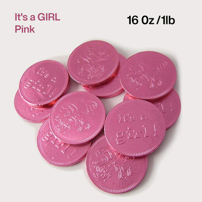 Kicko Pink Its A Girl Milk Chocolate Coins - 1 Pound of 1.5 Inch Gender Reveal Foil