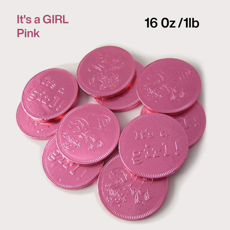 Kicko Pink Its A Girl Milk Chocolate Coins - 1 Pound of 1.5 Inch Gender Reveal Foil