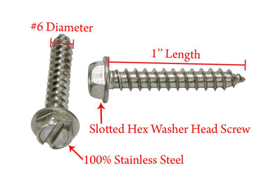 8 X 1-1/2" Stainless Slotted Hex Washer Head Screw, (100 pc), 18-8 (304) Stainless Steel