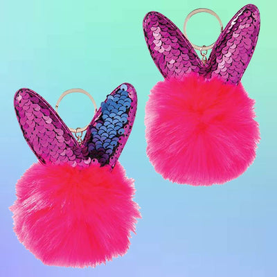 Kicko Pom Pom Bunny Keychain - Set of 12 3.75 Inch Soft Bunny Ears Key Chain in Assorted