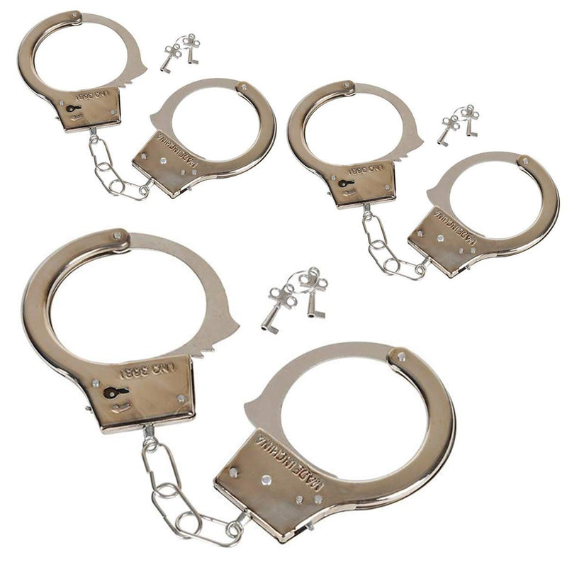 Kicko Steel Handcuffs with Keys - 3 Pack, Silver, 10.5 Inch - Pretend, Costume Props