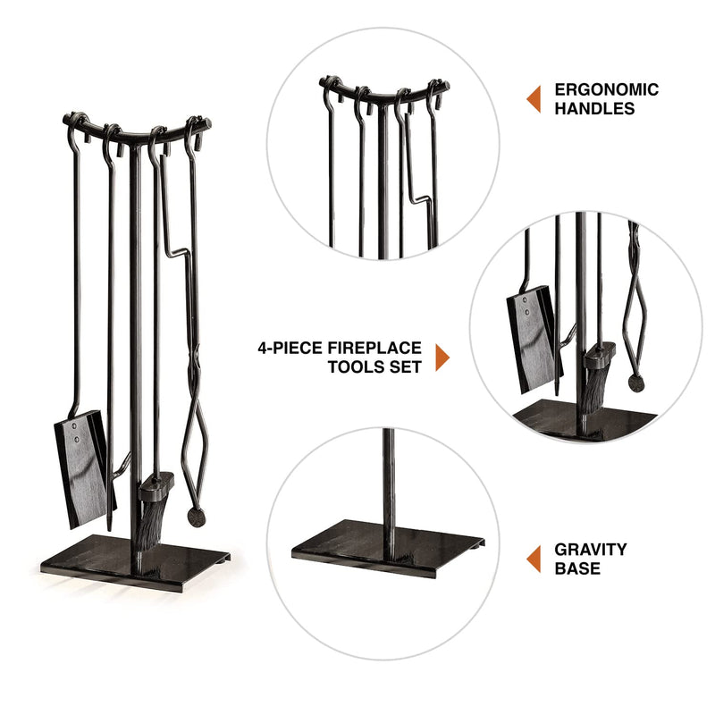 FLAMELY 25" 4-Piece Fireplace Tools Set - Poker, Shovel, Tongs & Brush. Easy to Assemble