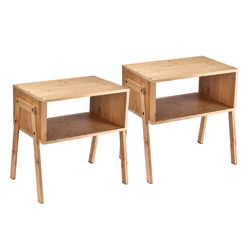 Bamboo Stackable Nightstand Set Of 2 - Natural Wood Matching Side Table - Wooden