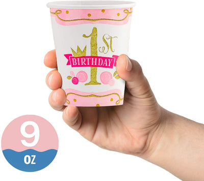 Kicko Paper Cups for First Birthday - 32 Pack, Pink and Gold - 9 Ounces - Disposable