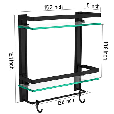 Tempered Glass Bathroom Shelf, 2 Tier Shelf With Towel Bar Wall Mounted Shower Storage