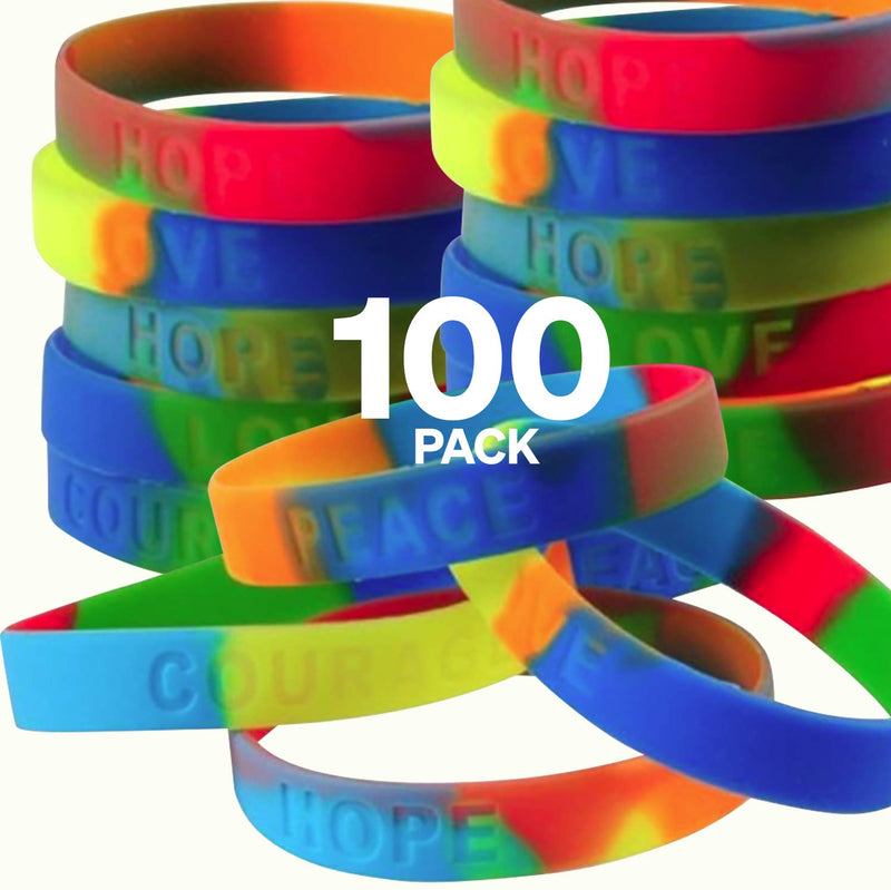 Kicko Rainbow Motivational Saying Bracelets - 96 Pack - Peace, Hope, Courage, Love -