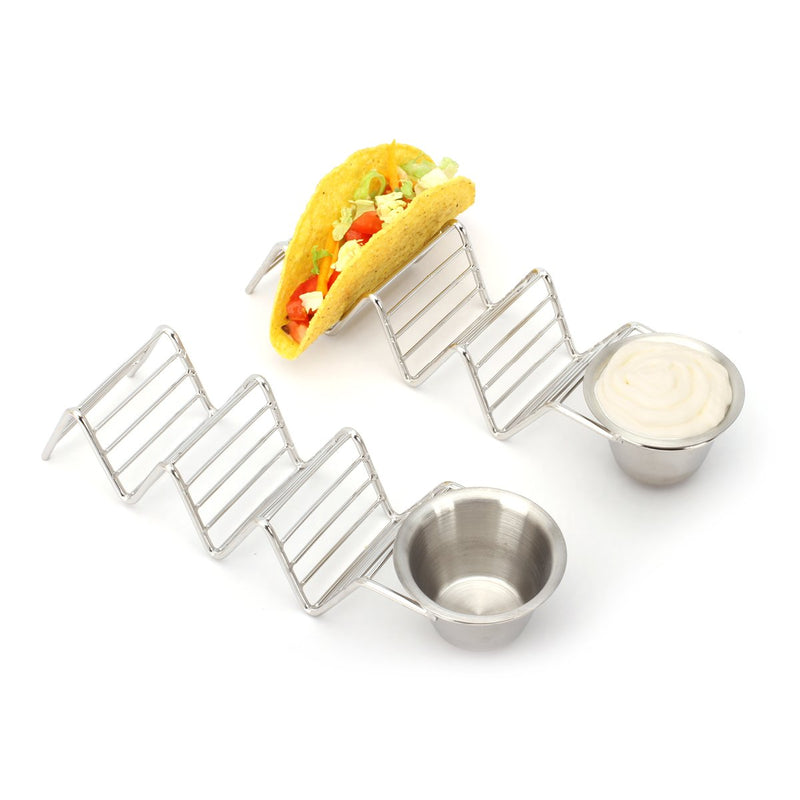 Taco Holder Stand with Salsa Cup - Chrome Finish - Premium 18/8 Stainless Steel - Holds 3