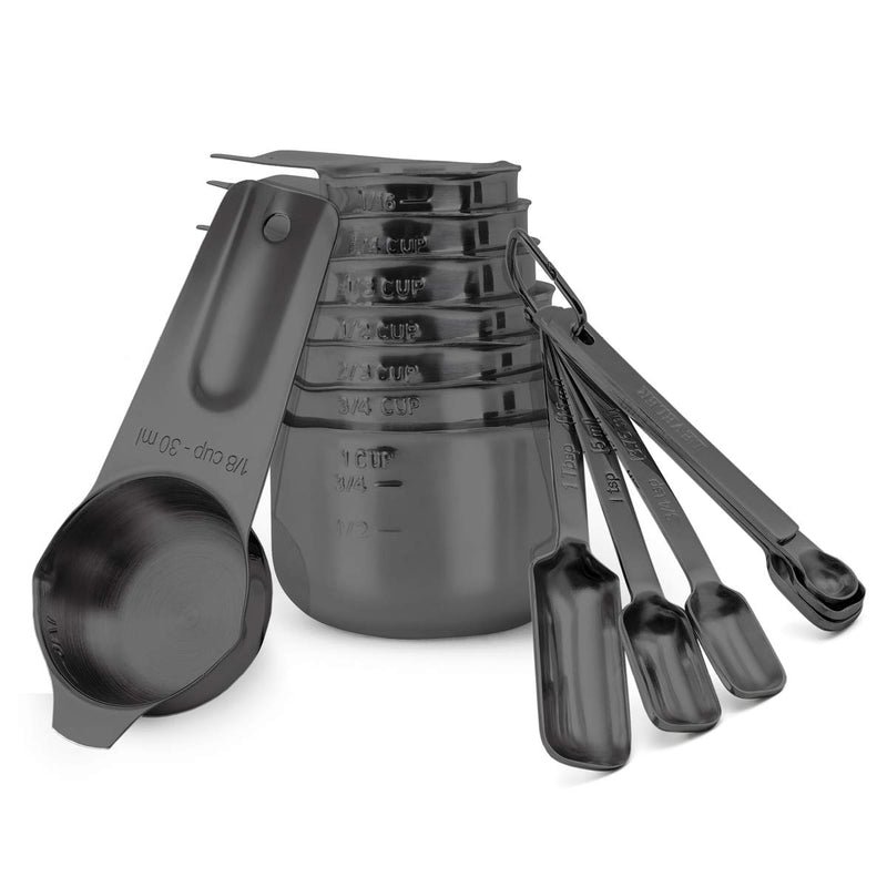 2lbDepot Black Measuring Cups & Spoons Set of 14, Premium Stainless Steel Metal, 7