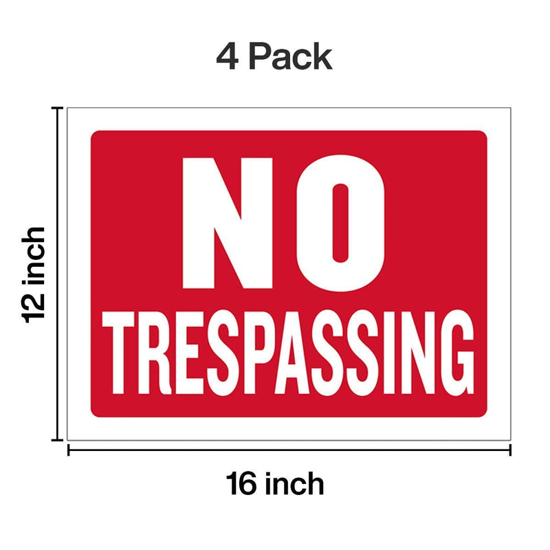 Kicko No Trespassing Sign - 4 Pack - 12 x 16 Inch - All-Weather - Private Property Warning